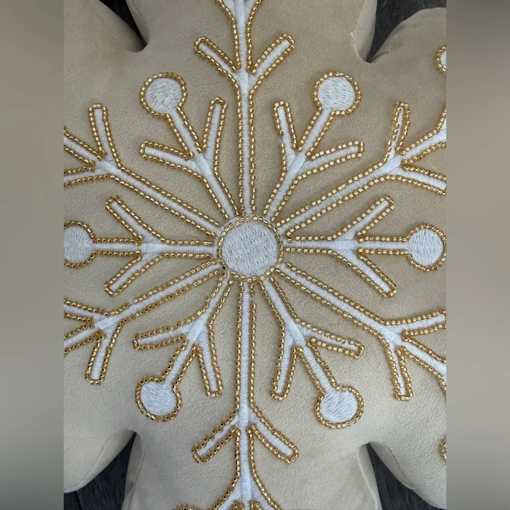 Holiday Snowflake Decorative Pillow - Beige with Gold Embroidery